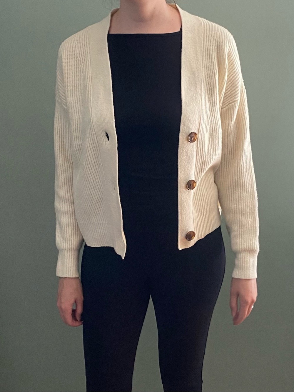 Cream Button-Front Rib Knit Cardigan